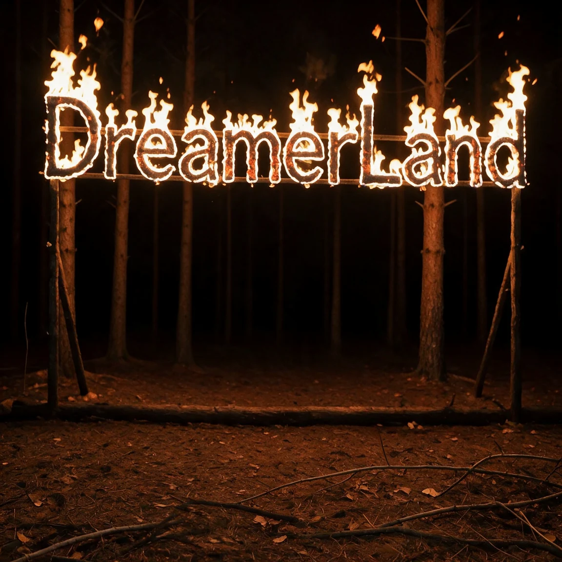 The person removed with Dreamerland Image Edit, leaving the burning 'DreamerLand' sign