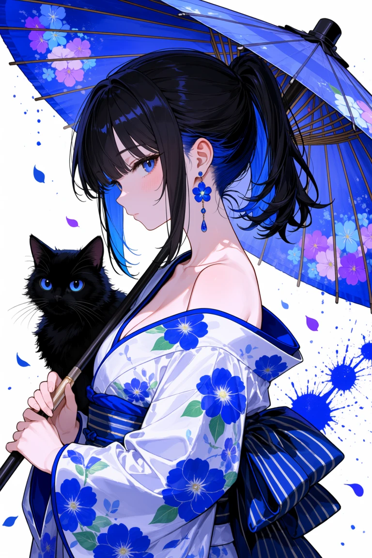 Anime illustration of a black-haired woman in a blue floral kimono holding a parasol with a black cat, generated from text with Dreamerland
