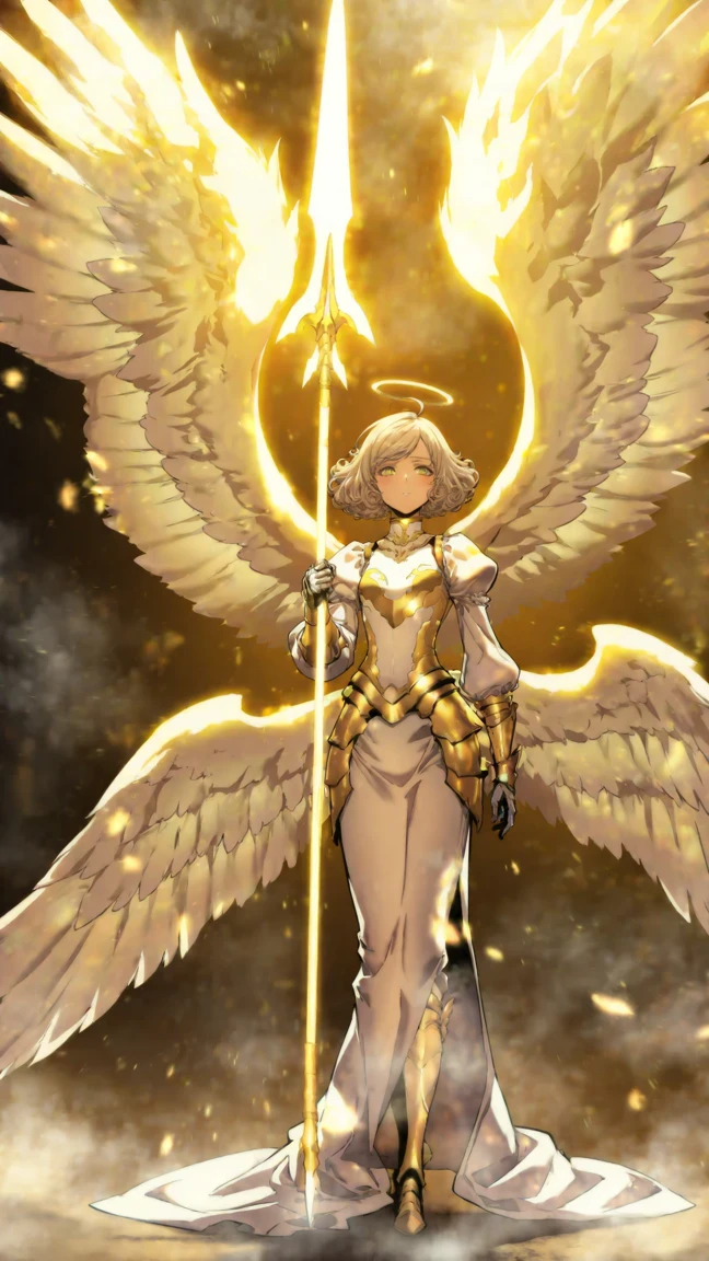 Anime angel warrior in golden armor with glowing wings and halo holding a radiant spear, generated from text with Dreamerland