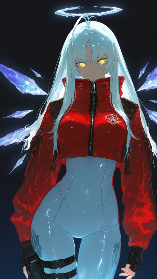 Anime character with white hair, a halo and crystal wings wearing a red jacket, generated from text with Dreamerland