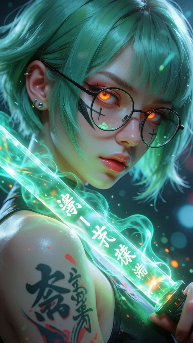 Cyberpunk anime portrait of a green-haired woman in glasses holding a glowing katana, generated from text with Dreamerland