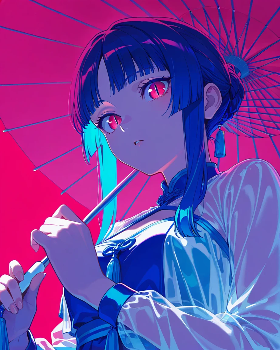 Anime illustration of a blue-haired girl with red eyes holding a traditional parasol, generated from text with Dreamerland