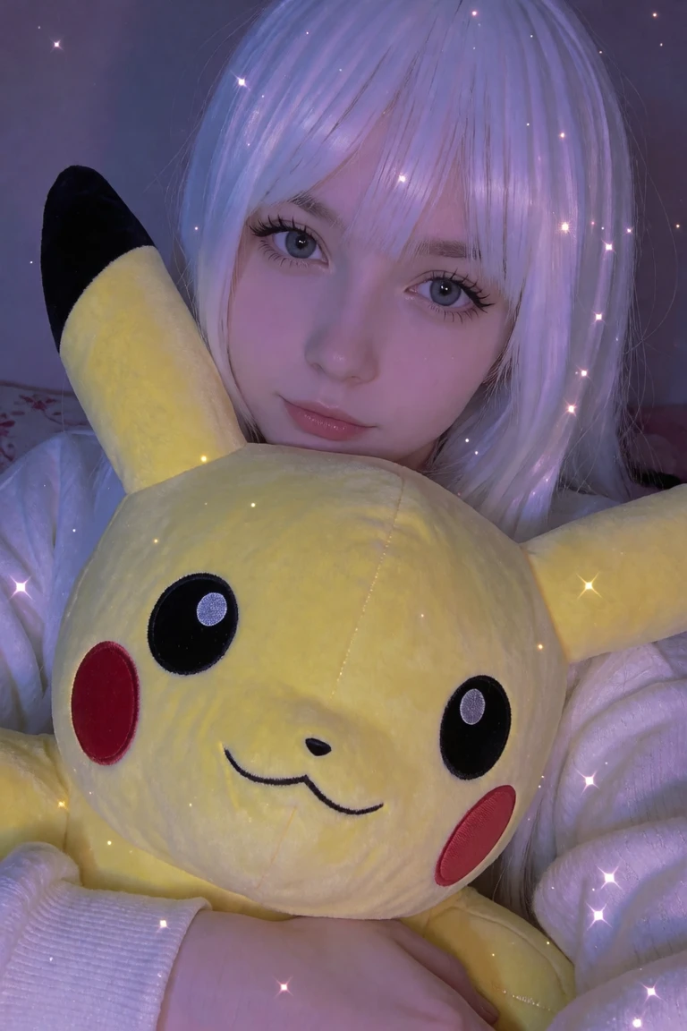 Photorealistic portrait of a white-haired girl hugging a large Pikachu plush toy, generated from text with Dreamerland