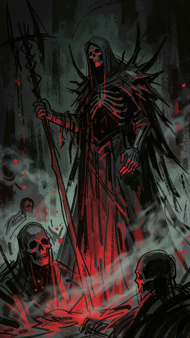 Dark fantasy illustration of a hooded skeletal reaper amid red mist, generated from text with Dreamerland