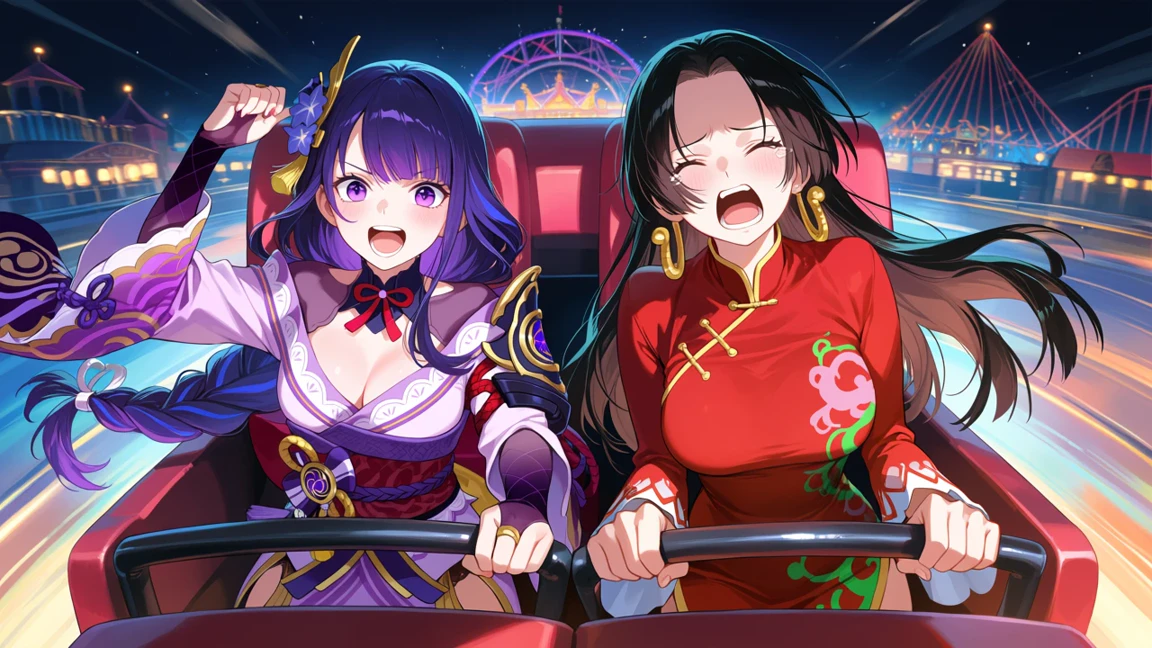 Anime scene of two girls riding a roller coaster at a night amusement park, generated from text with Dreamerland